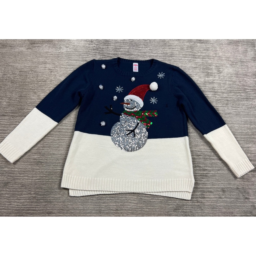 Holiday‎ Time Sweater Womens L Navy Blue Snowman Colorblock Sequin HT473902 287